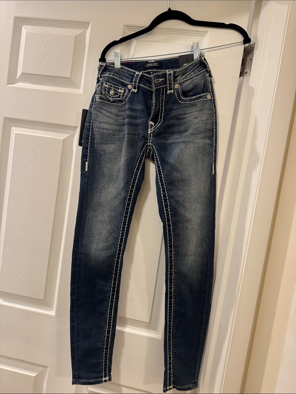 True Religion Women's Skinny Jeans in Distressed Dark Blue